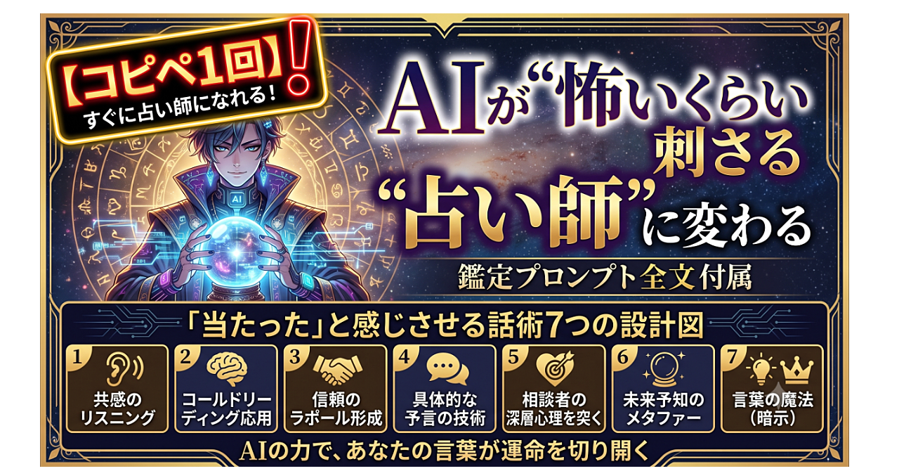 【コピペ1回】AIが"怖いくらい刺さる占い師"に変わる鑑定プロンプト全文+「当たった」と感じさせる話術7つの設計図のアイキャッチ画像