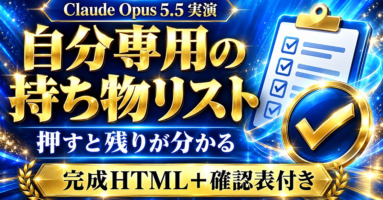 Claude Opus 5.5で「押して使える持ち物リスト」を作る|完成HTMLと動作確認表つきのアイキャッチ画像