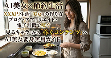 AI美女×節約生活
「1日○円生活」の美女を作って、ブログ・アフィリエイト・電子書籍で稼ぐための方法― AI美女を「見るキャラクター」から「稼ぐコンテンツ」へ変える実践ガイド ―