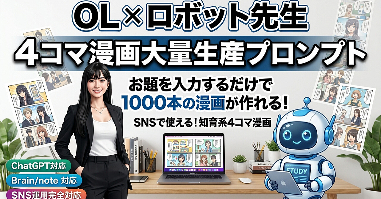 テーマを入れるだけで1000本量産できる『OL×ロボット先生』4コマ漫画プロンプトSNSで使える知識系4コマ漫画を量産！　