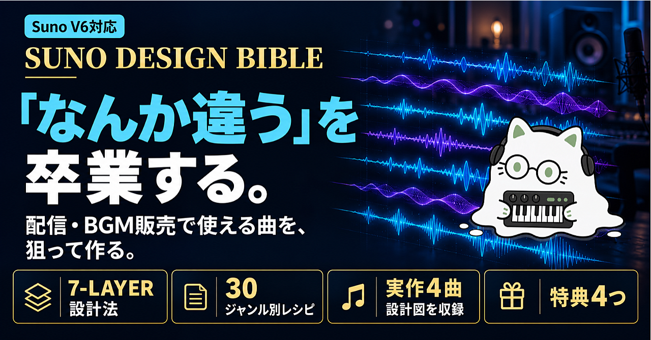 【Suno V6対応】配信・BGM販売で使える曲を、狙って作る|「なんか違う」を卒業するStyle設計術のアイキャッチ画像