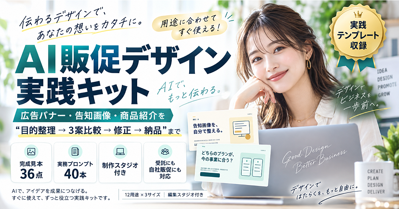 AI販促デザイン実践キット|広告バナー・告知画像・商品紹介を「目的整理→3案比較→修正→納品」まで作る実践教材のアイキャッチ画像