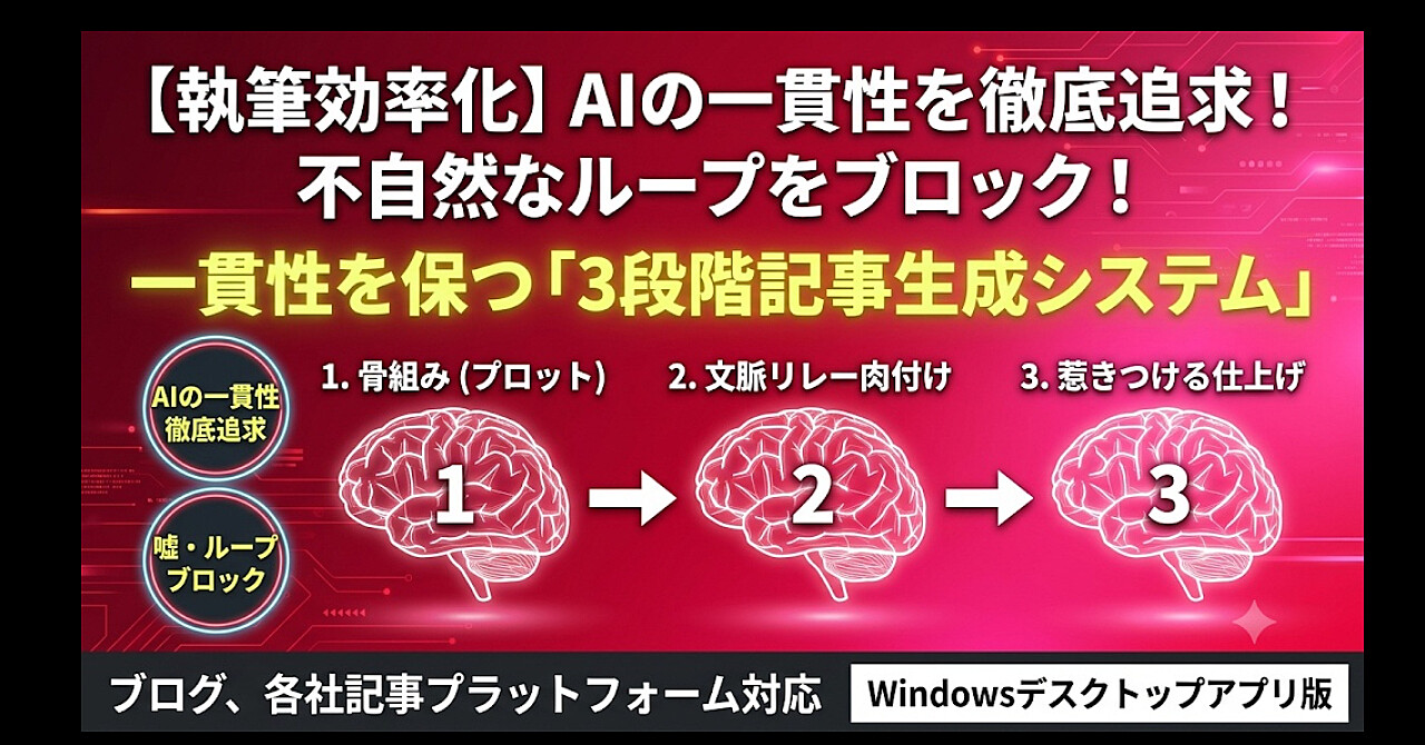 【執筆効率化】AIのループ・不自然な文章をブロック！一貫性を保つ『3段階自動記事生成システム』Windowsデスクトップ版