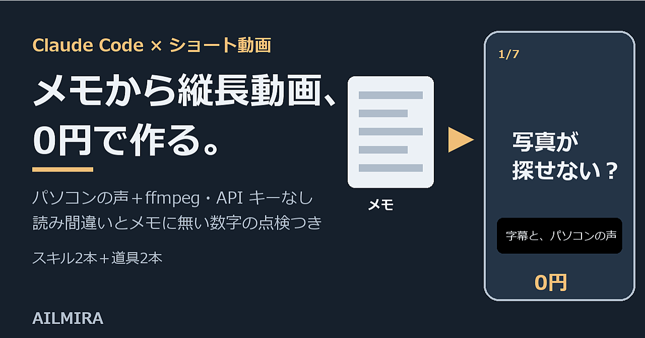 Claude Codeで、メモから縦長ショート動画を0円で作る|パソコンの声とffmpegだけ・読み間違いとメモに無い数字の点検つきのアイキャッチ画像