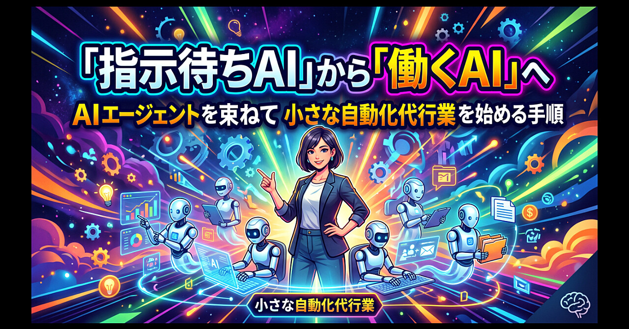 「指示待ちAI」から「働くAI」へ|AIエージェントを束ねて小さな自動化代行業を始める手順のアイキャッチ画像