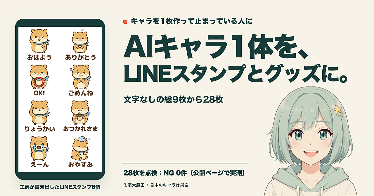 LINEスタンプ作りを楽に。AIキャラ1体から絵文字・SUZURIグッズまでのアイキャッチ画像
