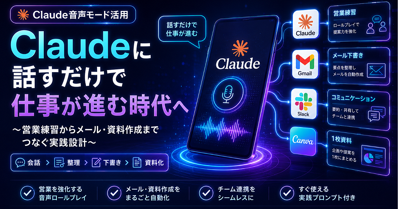 Claudeに話すだけで仕事が進む時代へ〜営業練習からメール・資料作成までつなぐ実践設計〜のアイキャッチ画像