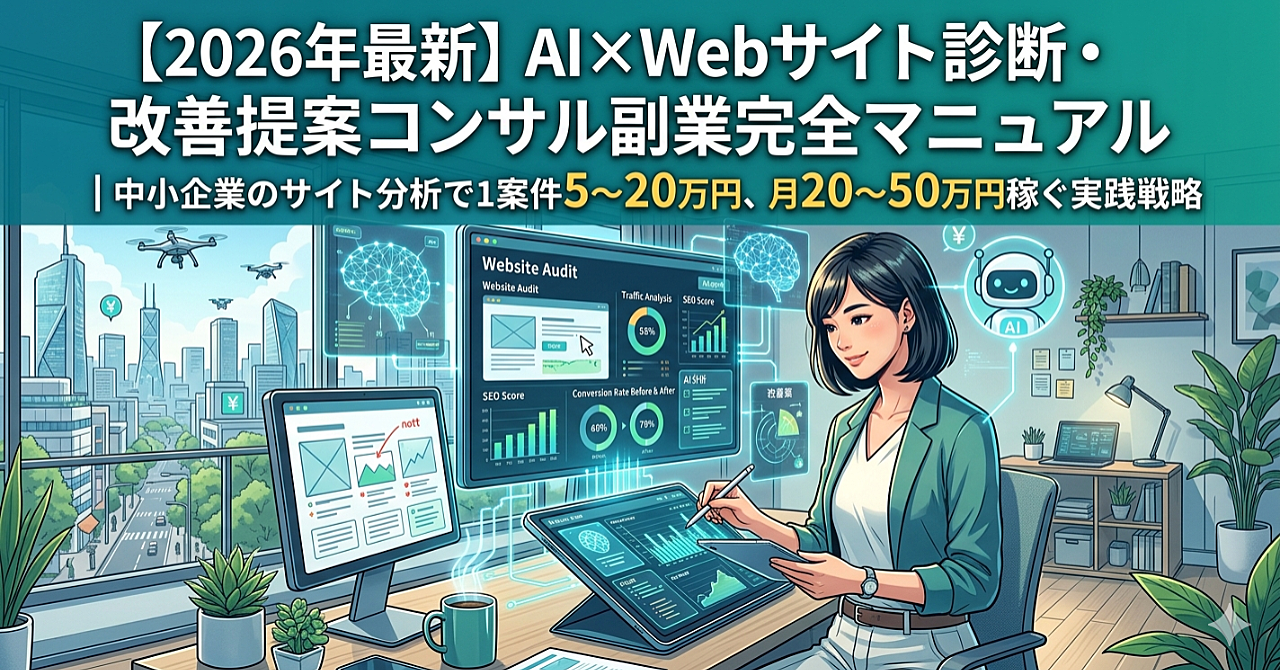 【2026年最新】AI×Webサイト診断・改善提案コンサル副業完全マニュアル｜中小企業のサイト分析で1案件5〜20万円、月20〜50万円稼ぐ実践戦略