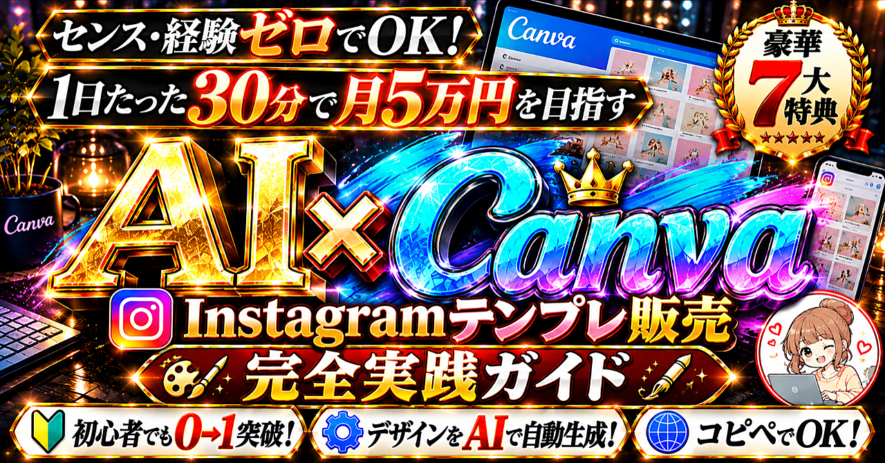 【初心者向け】1日たった30分!デザインセンス0で月5万を目指す!AI×Canva×Instagramテンプレート販売 完全攻略のコピーのアイキャッチ画像