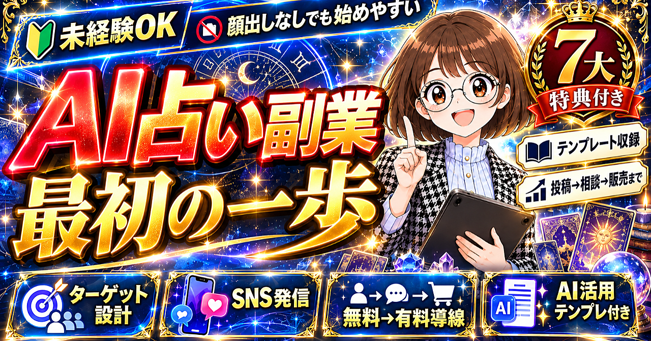 未経験から始める AI占い副業の作り方
― ターゲット設計・SNS集客・無料鑑定・有料化までを形にする実践ガイド ―のアイキャッチ画像