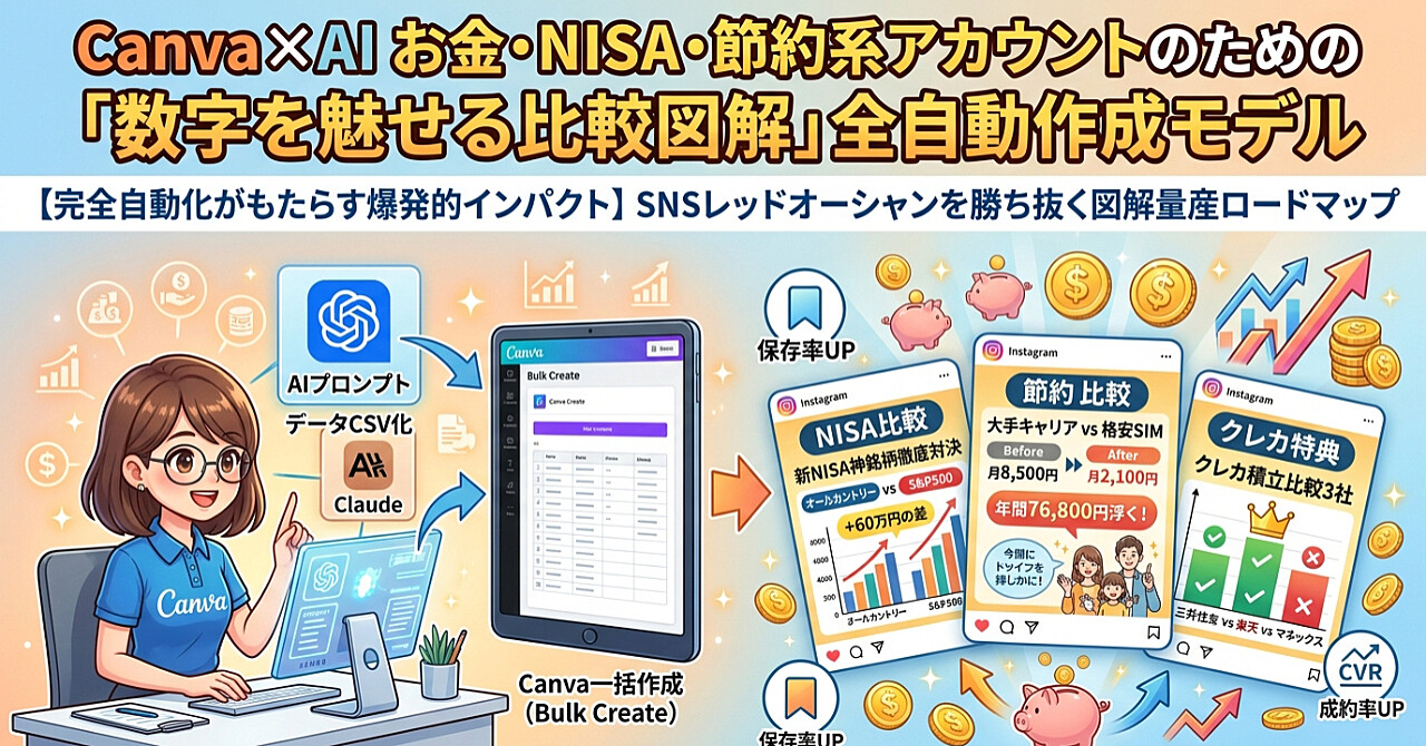 【Canva×AI】お金・NISA・節約系アカウントのための「数字を魅せる比較図解」全自動作成モデルのアイキャッチ画像