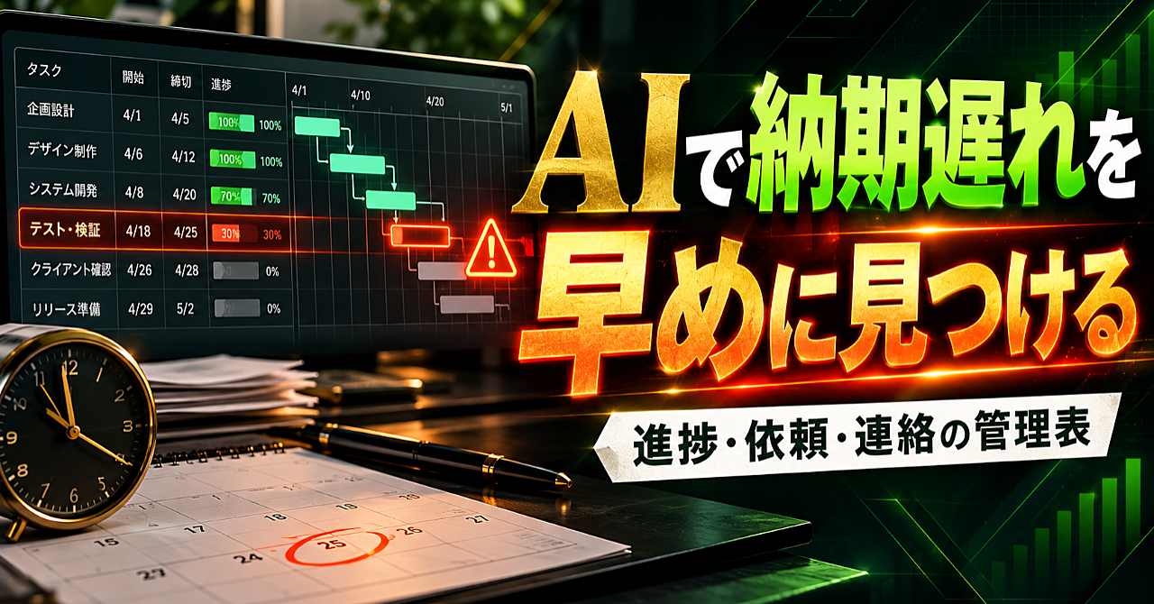 【AIで納期遅れを早めに見つける】依頼・進捗・連絡を一枚で追う管理表のアイキャッチ画像