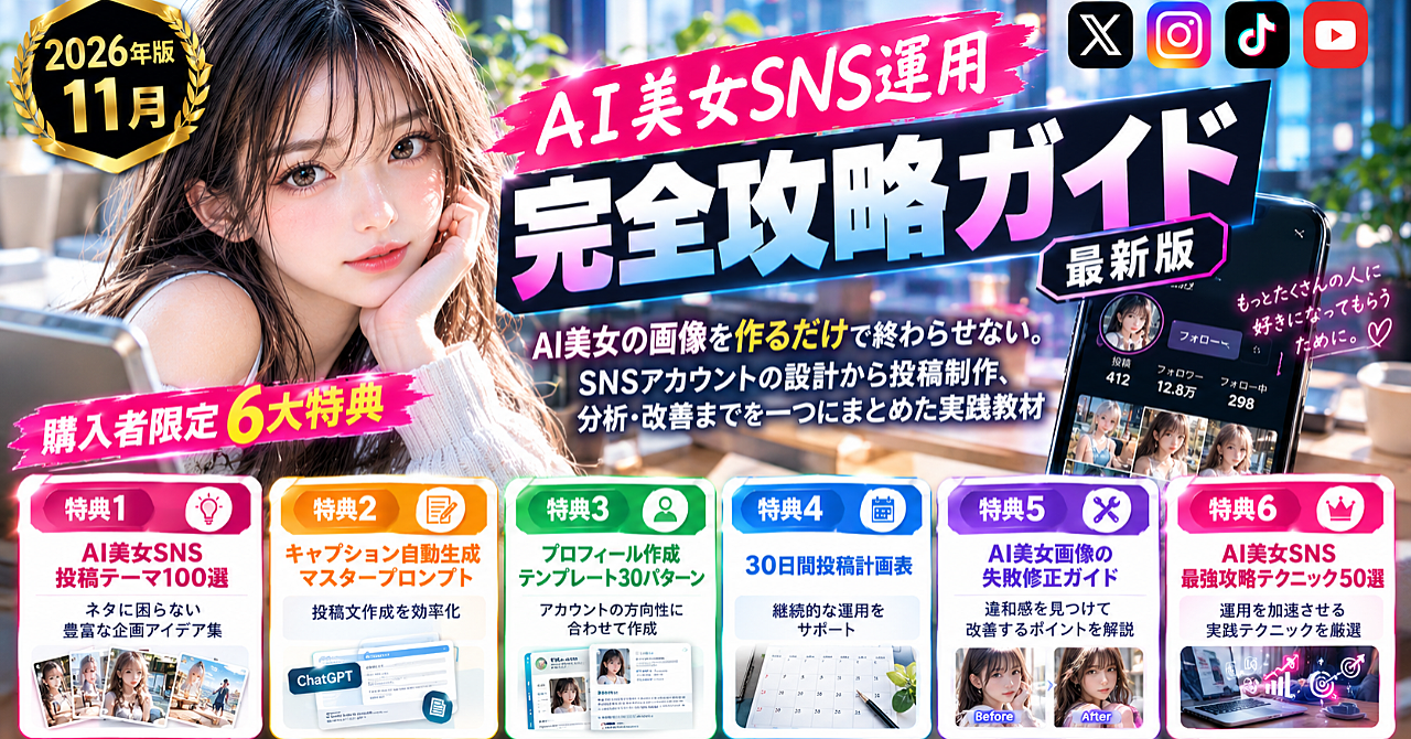 【2026年版11月】AI美女SNS運用完全攻略ガイド最新版 AI美女の画像を作るだけで終わらせない。SNSアカウントの設計から投稿制作、分析・改善までを一つにまとめた実践教材【6特典掲載】のアイキャッチ画像