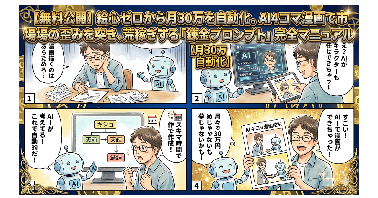 【無料公開】絵心ゼロから月30万を自動化。AI4コマ漫画で市場の歪みを突き、荒稼ぎする「錬金プロンプト」完全マニュアル