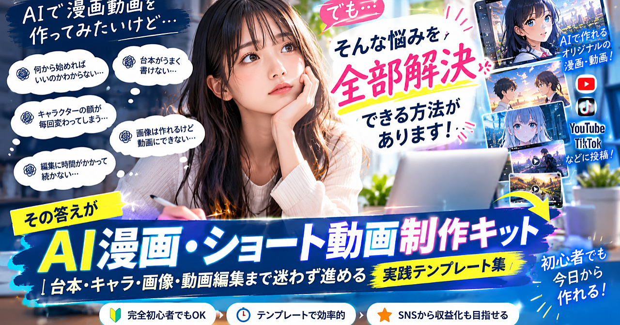 AI漫画・ショート動画制作キット|台本・キャラ・画像・動画編集まで迷わず進める実践テンプレート集
初心者が何から始めればいいか分からない問題を解決のアイキャッチ画像