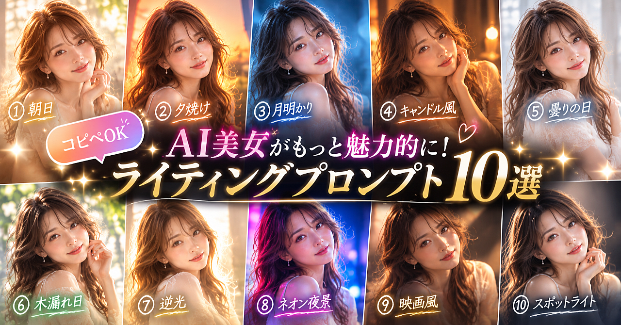 【コピペOK】AI美女がもっと魅力的に!ライティングプロンプト10選|透明感・夕焼け・月明かり・ネオン夜景などのアイキャッチ画像