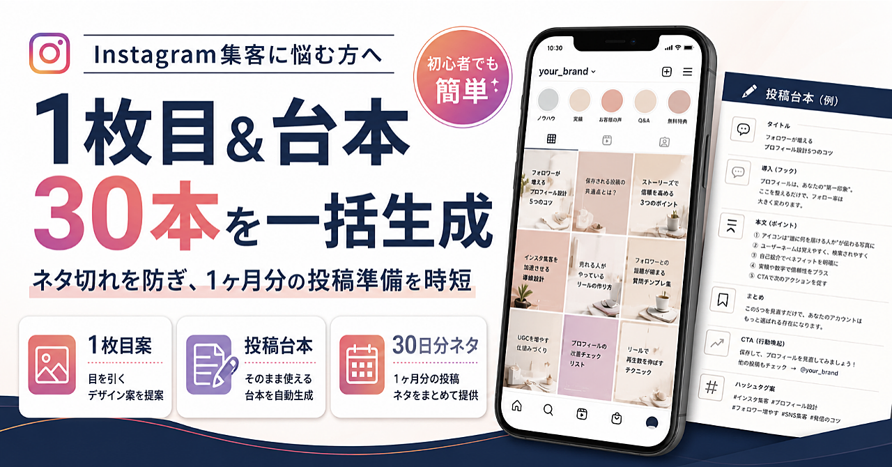 【SNS集客系プロンプト】1ヶ月分のネタに困らない！Instagram「1枚目＆台本」30本一括生成＋神業