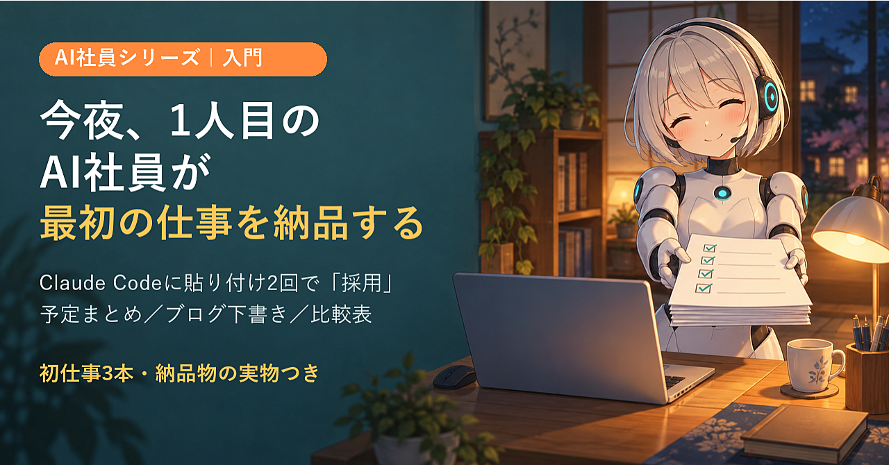 今夜、1人目のAI社員が最初の仕事を納品する|消す・送る・払うは断る秘書を、Claude Codeに貼り付け2回で雇う(Windows/Mac・初仕事3本つき)のアイキャッチ画像
