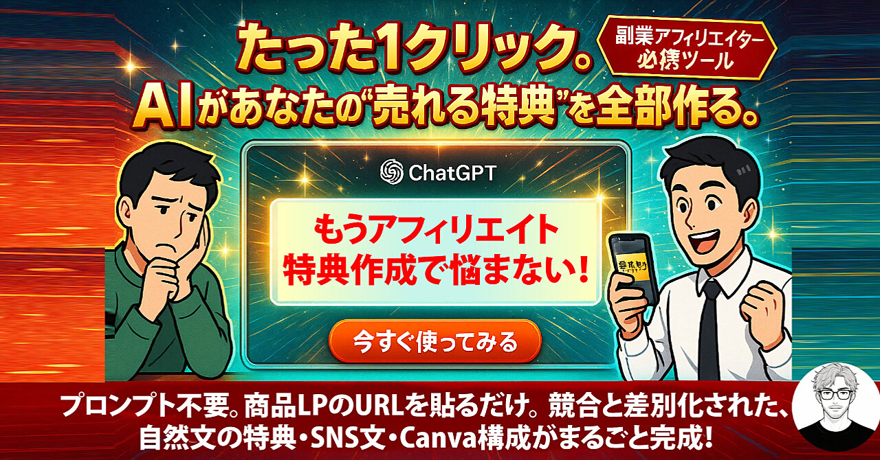 【7/17までリリースセール中】『アフィリエイト特典メーカーGPTS』差別化できる特典/自然なSNS文/Canva構成まで、すべてAIが自動で出力。しかもURL入力だけ。
