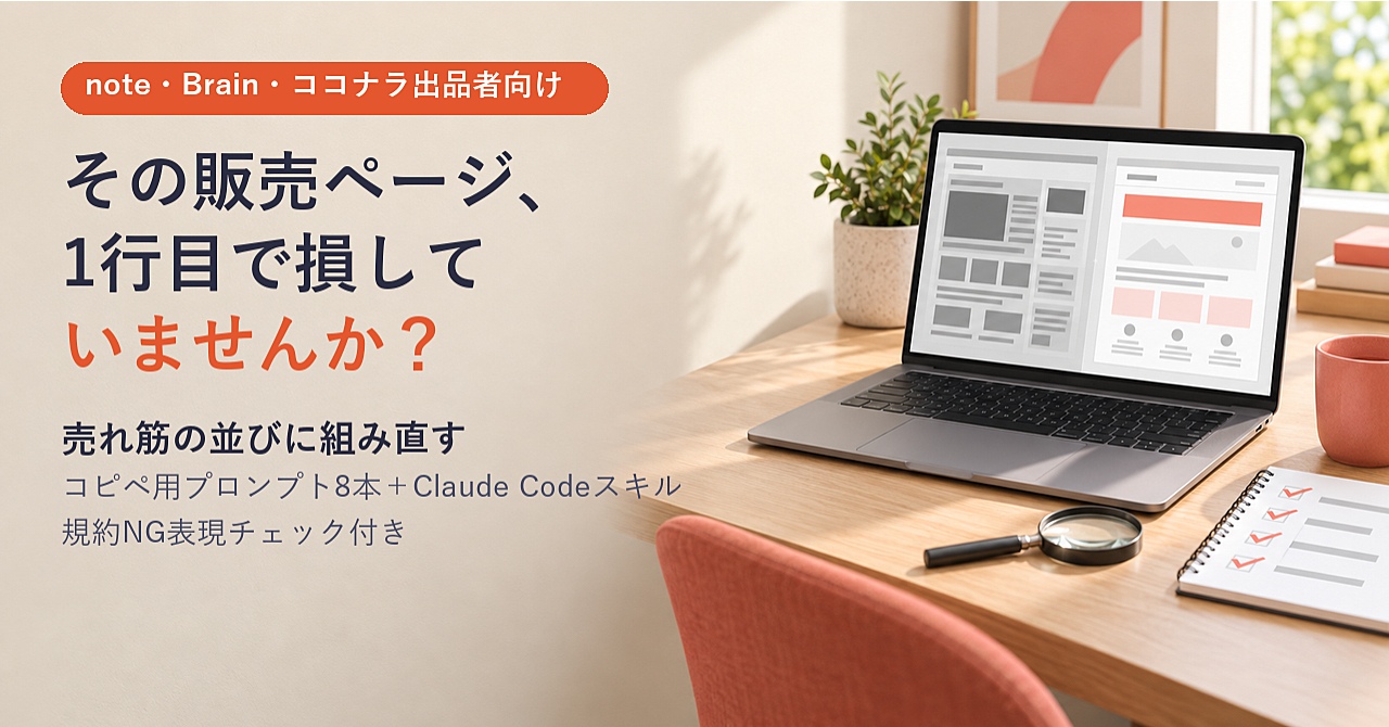 【プロンプト8本+スキル1本】その販売ページ、1行目で損していませんか|note・Brain・ココナラの無料部分を"売れ筋の並び"に組み直す(規約NG表現チェック付き)のアイキャッチ画像