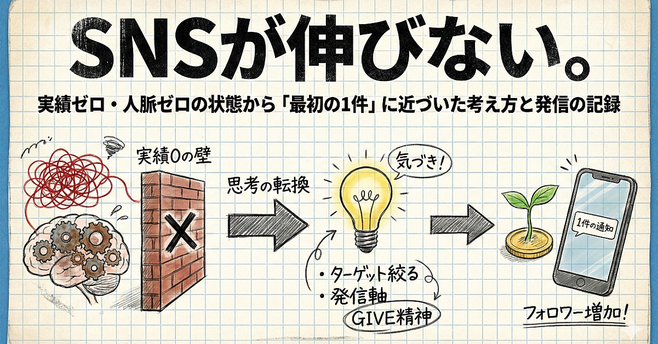 SNSが伸びない。
実績ゼロ・人脈ゼロの状態から「最初の1件」に近づいた考え方と発信の記録
