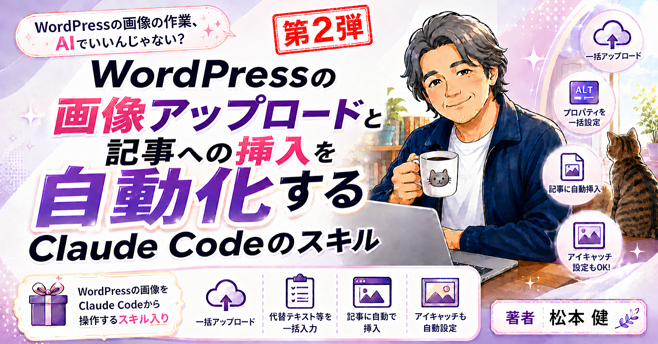 WordPressの画像アップロードと記事への挿入を自動化するClaude Codeのスキルのアイキャッチ画像