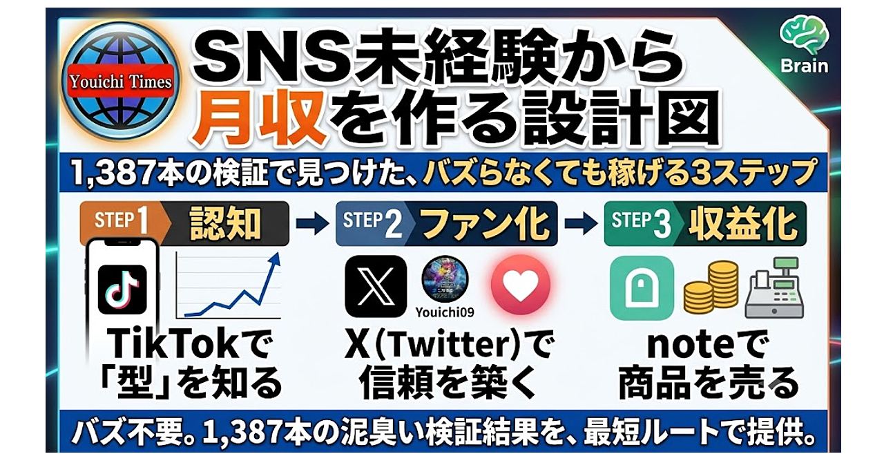 SNS未経験から月収を作る設計図
1,387本の検証で見つけた、バズらなくても稼げる3ステップ