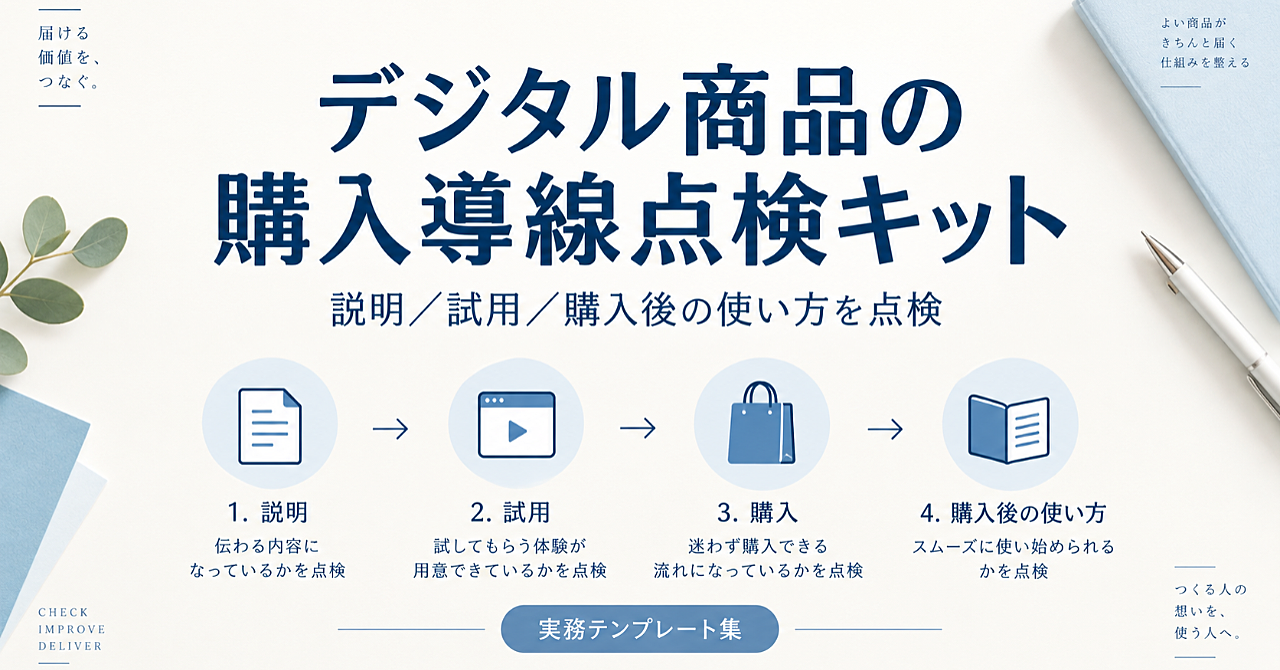 デジタル商品の購入導線点検キット|説明・無料版・購入後案内を1商品ずつ確認のアイキャッチ画像