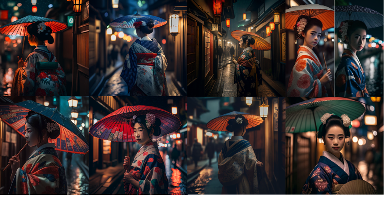 AI呪文（プロンプト）「京都の夜の通りを歩く舞妓さん（小雨が降り傘をさしている）」『Midjourney ver.』