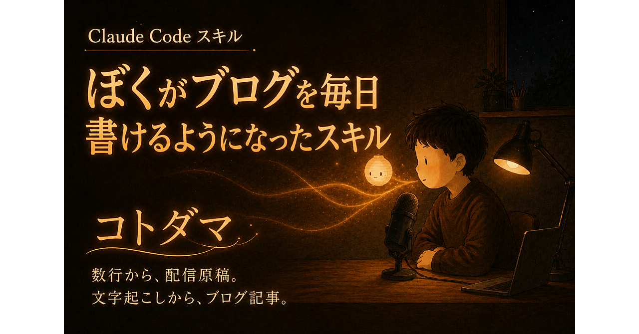 【Claude Code】ぼくが2,000文字のブログを毎日書けるようになったスキル『コトダマ』のアイキャッチ画像