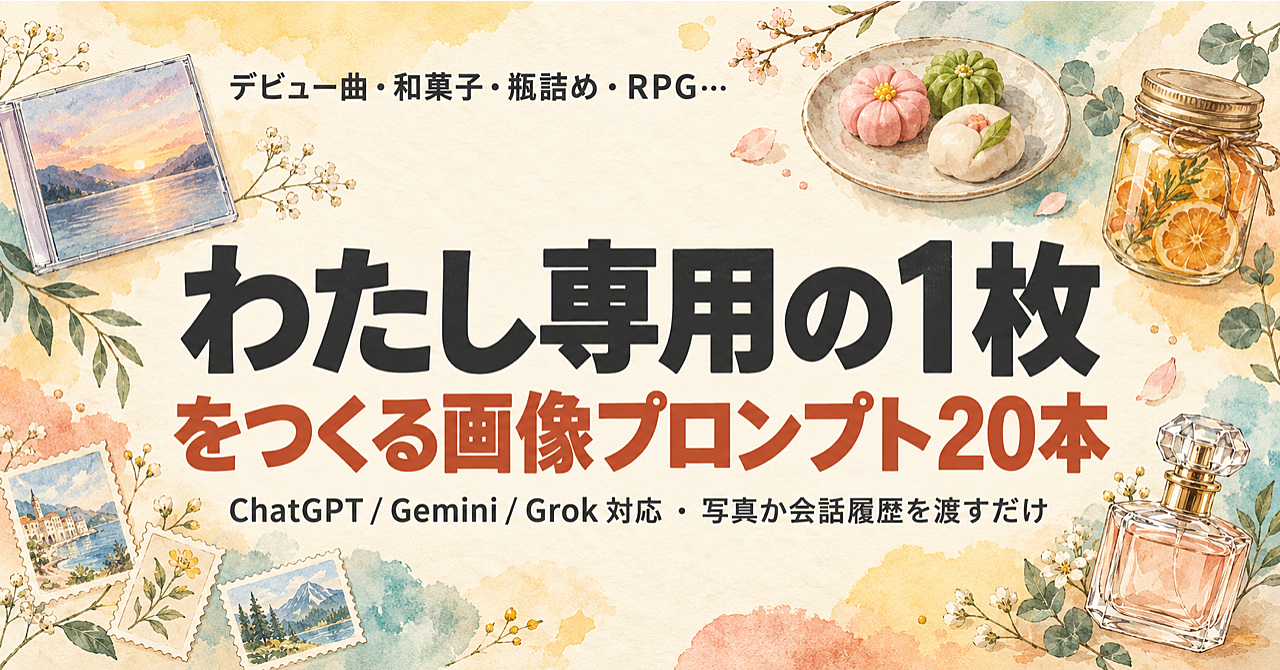 「わたし専用の1枚」をつくる画像プロンプト20本|写真か会話履歴を渡すだけ。デビュー曲・和菓子・瓶詰め・RPG・切手・香水...(ChatGPT / Gemini / Grok)のアイキャッチ画像