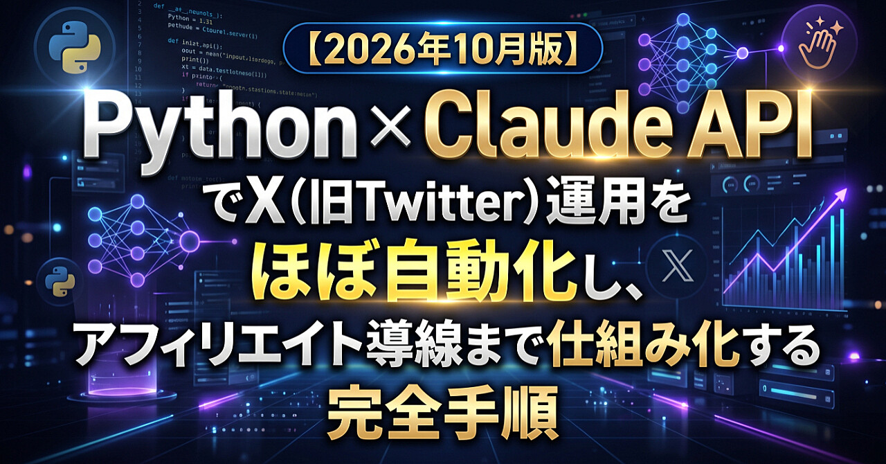 【2026年10月版】Python×Claude APIでX(旧Twitter)運用をほぼ自動化し、アフィリエイト導線まで仕組み化する完全手順のアイキャッチ画像