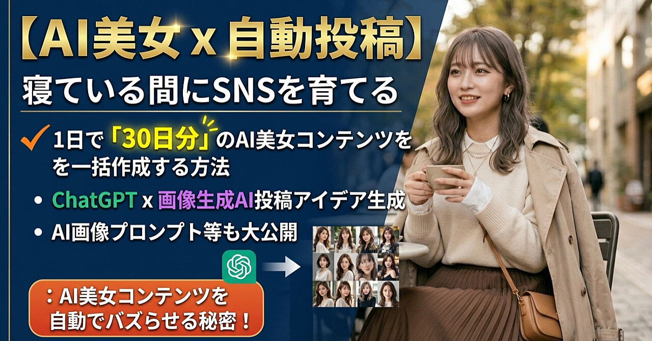 【AI美女×自動投稿】寝ている間にもSNSを育てる｜ChatGPT×画像生成AIで30日分のAI美女コンテンツを一気に作る方法 投稿ネタ生成 → AI画像プロンプト他も公開のアイキャッチ画像