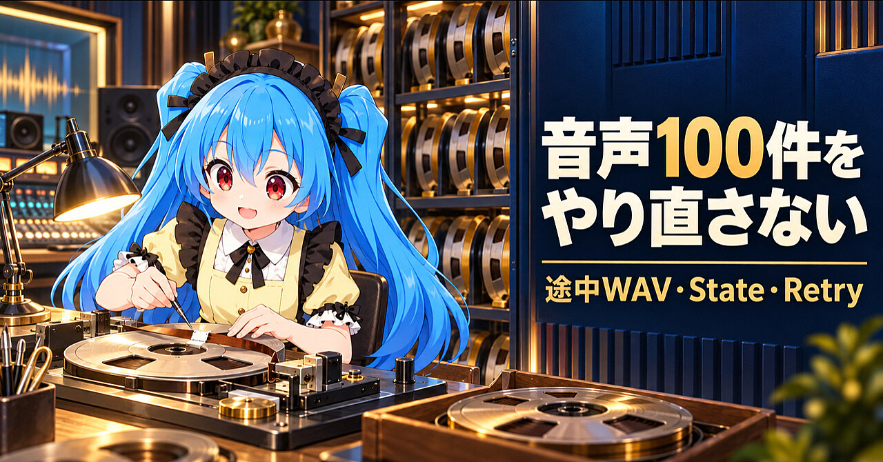 【AI音声生成実務】100件中1件だけ失敗しても全部やり直さない――途中WAV・State・Retryで作る再開可能Pipelineのアイキャッチ画像