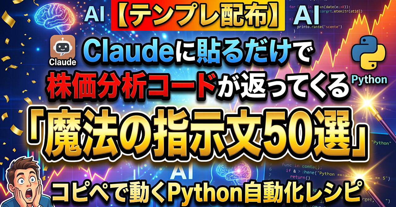 【テンプレ配布】Claudeに貼るだけで株価分析コードが返ってくる「魔法の指示文50選」|コピペで動くPython自動化レシピのアイキャッチ画像