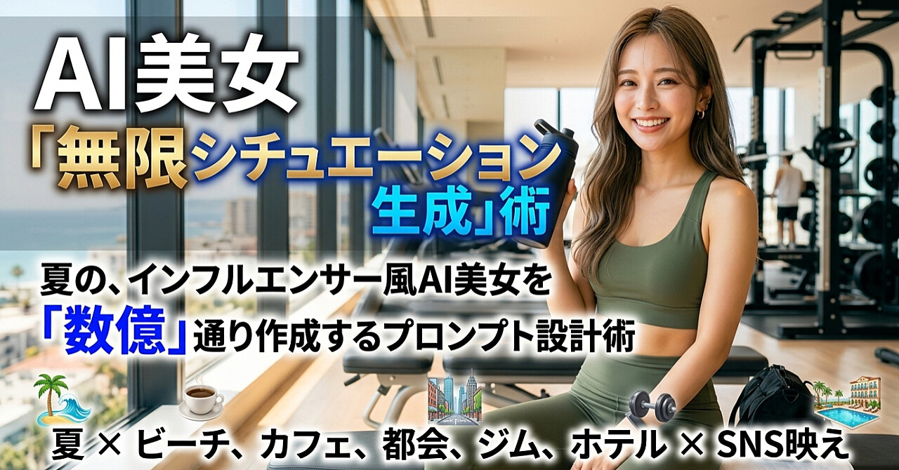 AI美女「シーン無限生成」術 夏・インフルエンサー風AI美女を「億通り」以上に展開するプロンプト設計術 夏 × 海・カフェ・街・ジム・ホテル × SNS映えのアイキャッチ画像