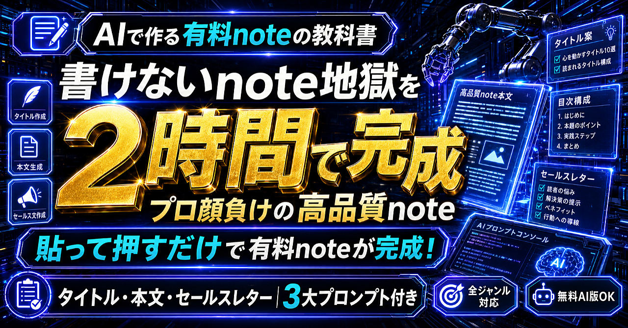 AIで作る有料noteの教科書|プロ顔負けの高品質noteが2時間で完成のアイキャッチ画像