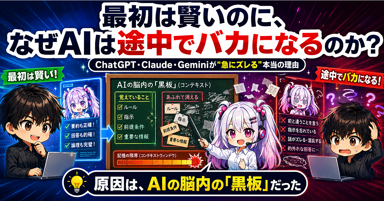 【徹底解説】なぜ生成AIは途中からバカになるのか?〜ChatGPT・Claude・Geminiに共通する“黒板の真実”〜【コピペ用プロンプト3大特典付き】