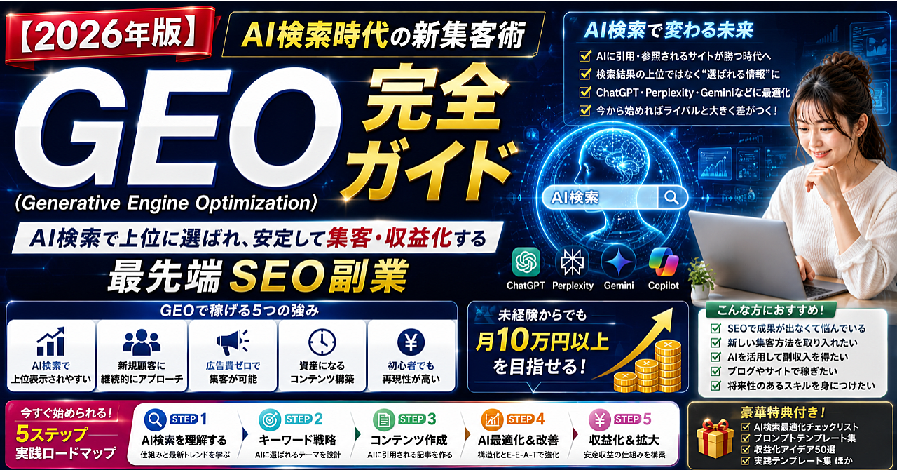 【2026年版】GEO（Generative Engine Optimization）完全ガイド｜AI検索時代の新集客術で月10万円稼ぐ最先端SEO副業