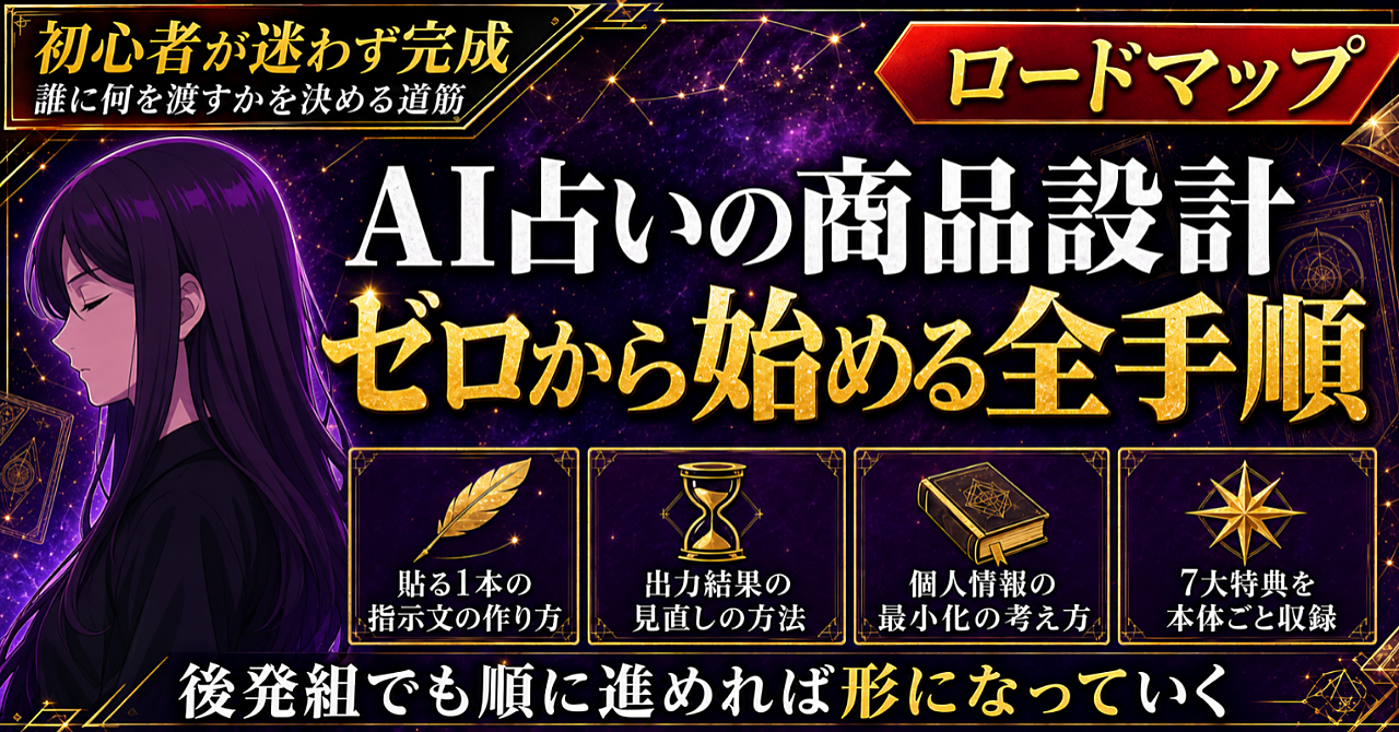 【初心者・後発組でもこれなら始められる!】AI占い×商品設計完全攻略【基礎からの商品設計ロードマップ】のアイキャッチ画像