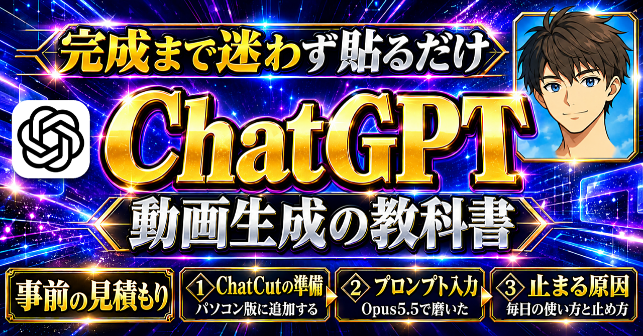 ChatGPT×ChatCutで動画を作りたい人のための【ChatGPT×ChatCut×Opus5.5動画生成の教科書】 | 動画生成プロンプト活用完全ロードマップのアイキャッチ画像