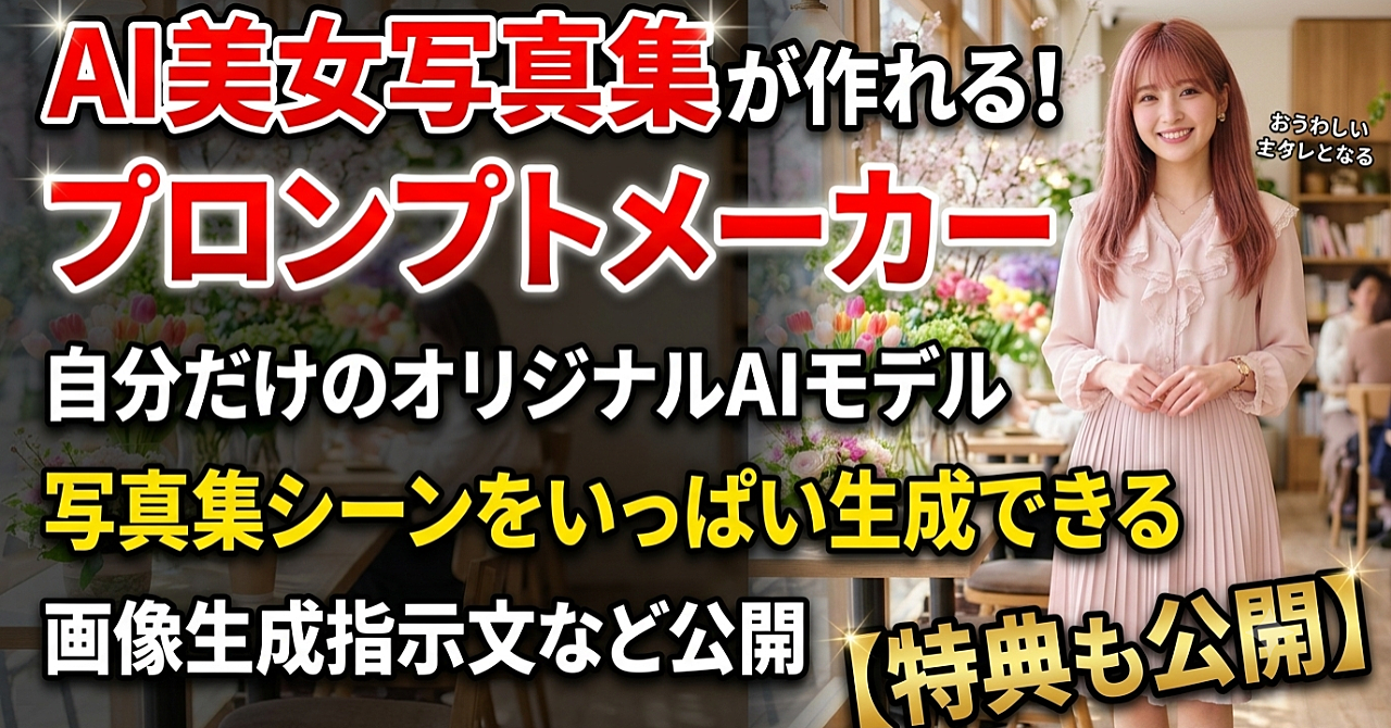 AI美女写真集プロンプトメーカーが作れる！自分だけのオリジナルAIモデル写真集シーンをいっぱい生成できる画像生成指示文など公開【特典も公開】