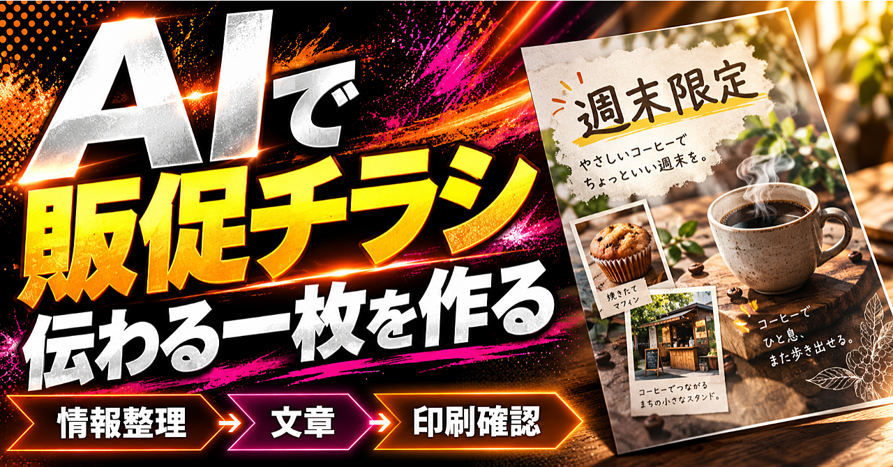 【AIで販促チラシを作る】何を載せるか迷わず、読まれて行動につながる一枚に仕上げる方法のアイキャッチ画像