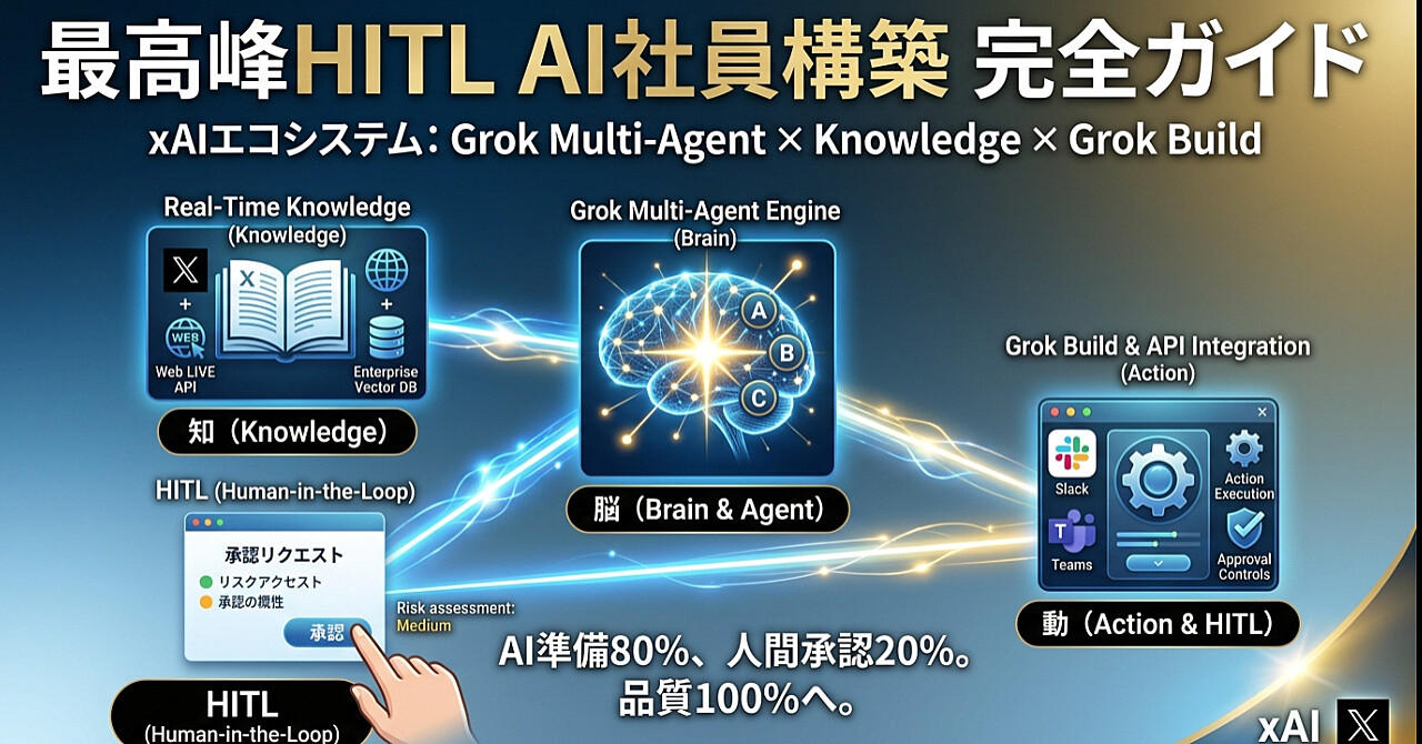 xAIエコシステム「Grok Multi-Agent × Real-Time Knowledge × Grok Build」による最高峰HITL(Human-in-the-Loop)AI社員構築のアイキャッチ画像