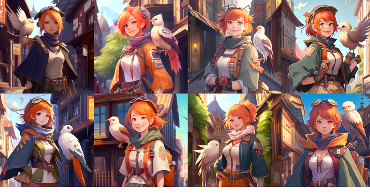 AI呪文（プロンプト）「オレンジ色の髪の女性冒険者（鷲を連れている、古い日本の下町）」『Midjourney ver.』