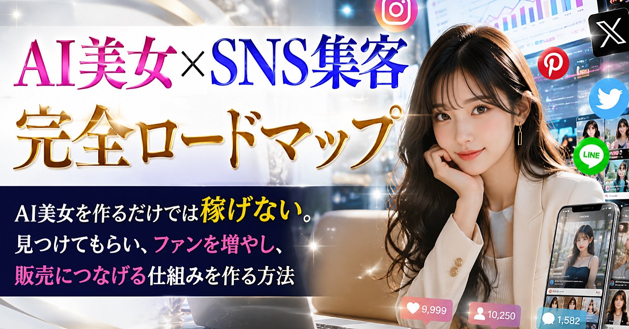 AI美女×SNS集客完全ロードマップ
AI美女を作るだけでは稼げない。見つけてもらい、ファンを増やし、販売につなげる仕組みを作る方法