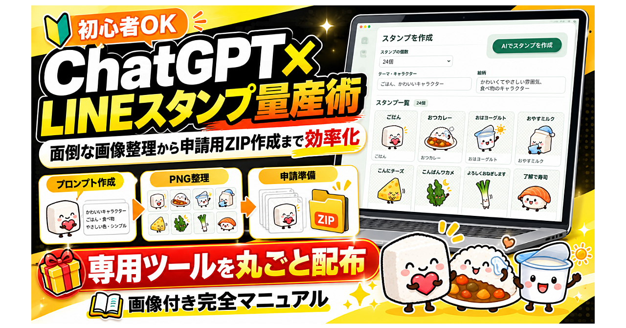 【初心者OK】ChatGPT×LINEスタンプ量産術!面倒な画像整理から申請用ZIP作成まで効率化する「専用ツール」を丸ごと配布【画像付き完全マニュアル】のアイキャッチ画像