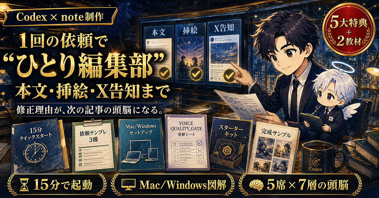 Codexでnote制作を“ひとり編集部”化する方法｜本文・挿絵・X告知を1回でそろえ、修正理由まで次の記事に残す