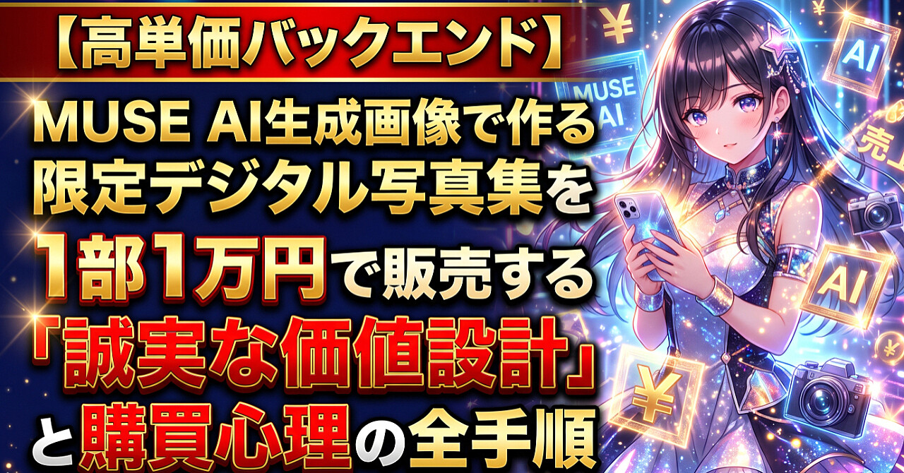 【高単価バックエンド】MUSE AI生成画像で作る限定デジタル写真集を1部1万円で販売する「誠実な価値設計」と購買心理の全手順のアイキャッチ画像