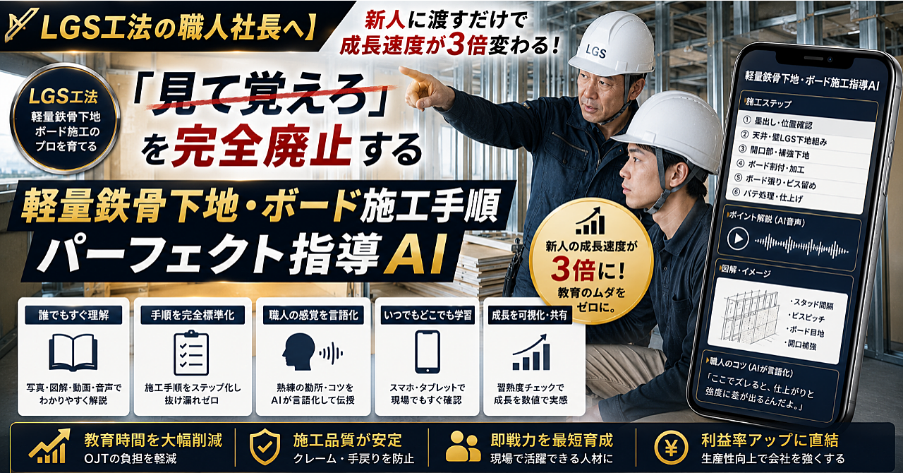 【LGS・ボード貼りの職人社長の為のプロンプト】新人に渡すだけで成長速度が3倍変わる！「見て覚えろ」を完全廃止する『軽量鉄骨下地・ボード施工手順パーフェクト指導AI』